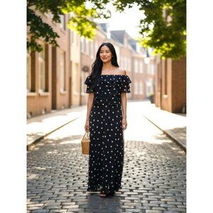 Vintage 90s hetta B Maxi Dress Sz 12 100% Silk Polka Dot Black White Sleeveless